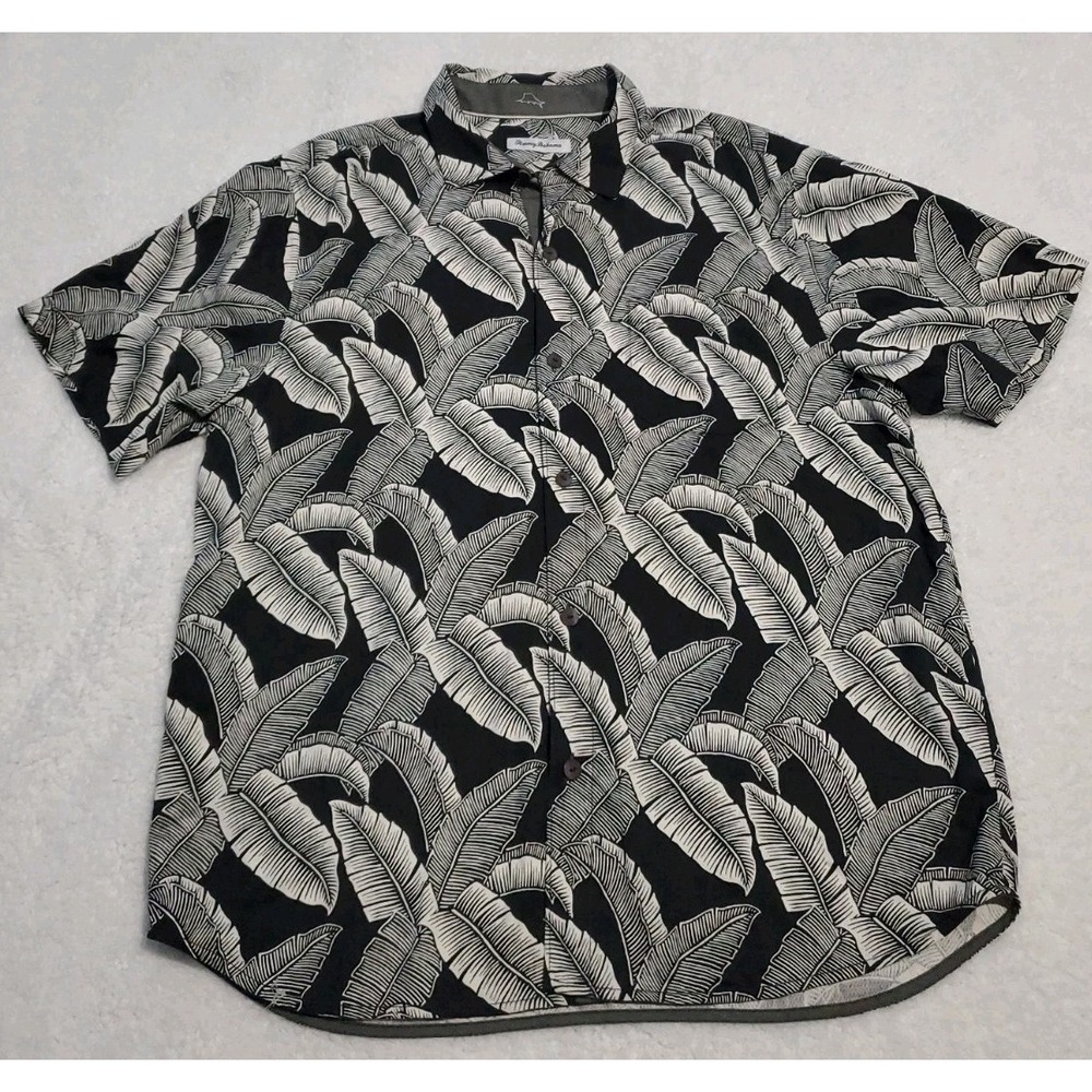 Men's Silk Hawaiian Shirt XL Black Palm Print Short Sleeve Tommy Bahama
